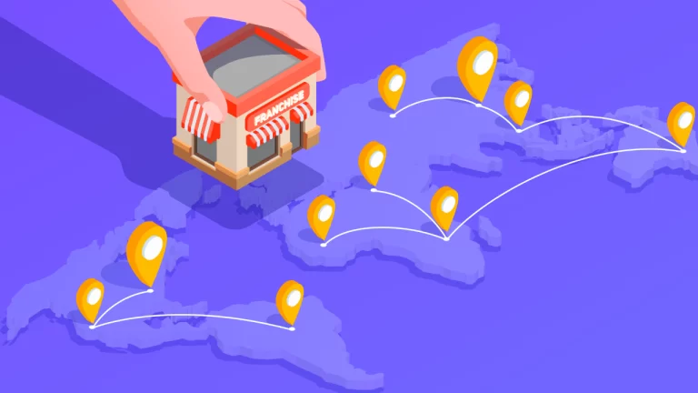 Illustration of a hand placing a small franchise store on a world map with multiple yellow location pins connected by lines, symbolising food franchise expansion across global locations.