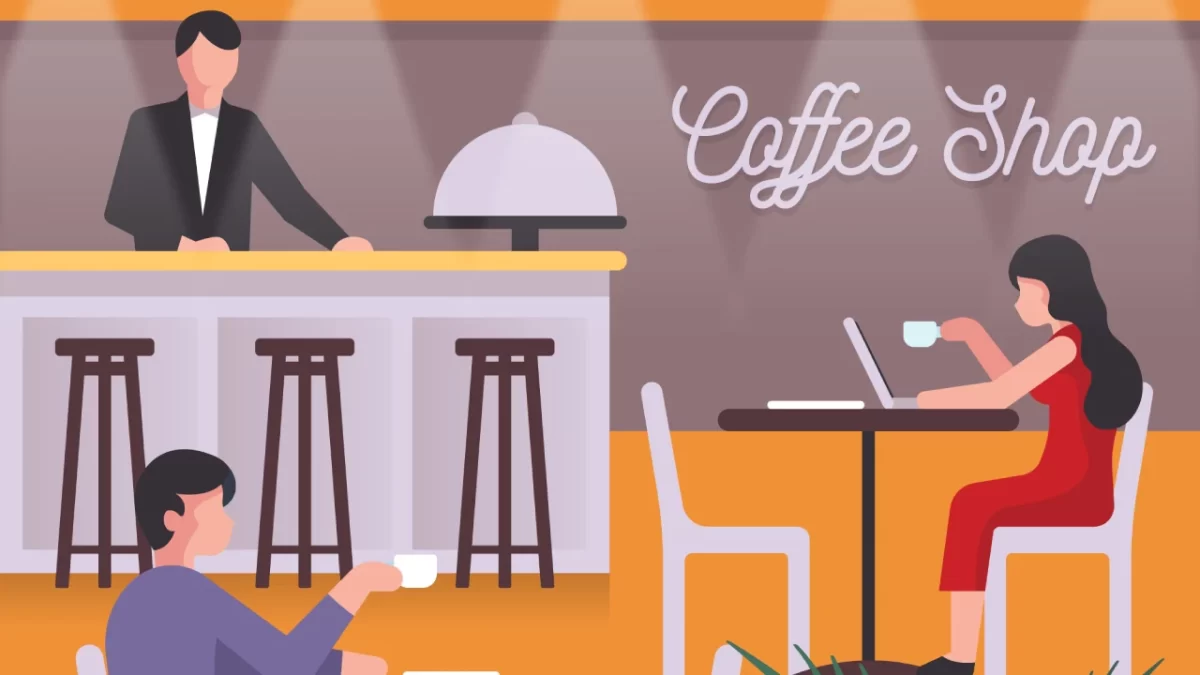 illustration of a modern coffee shop interior with tables, chairs and a counter