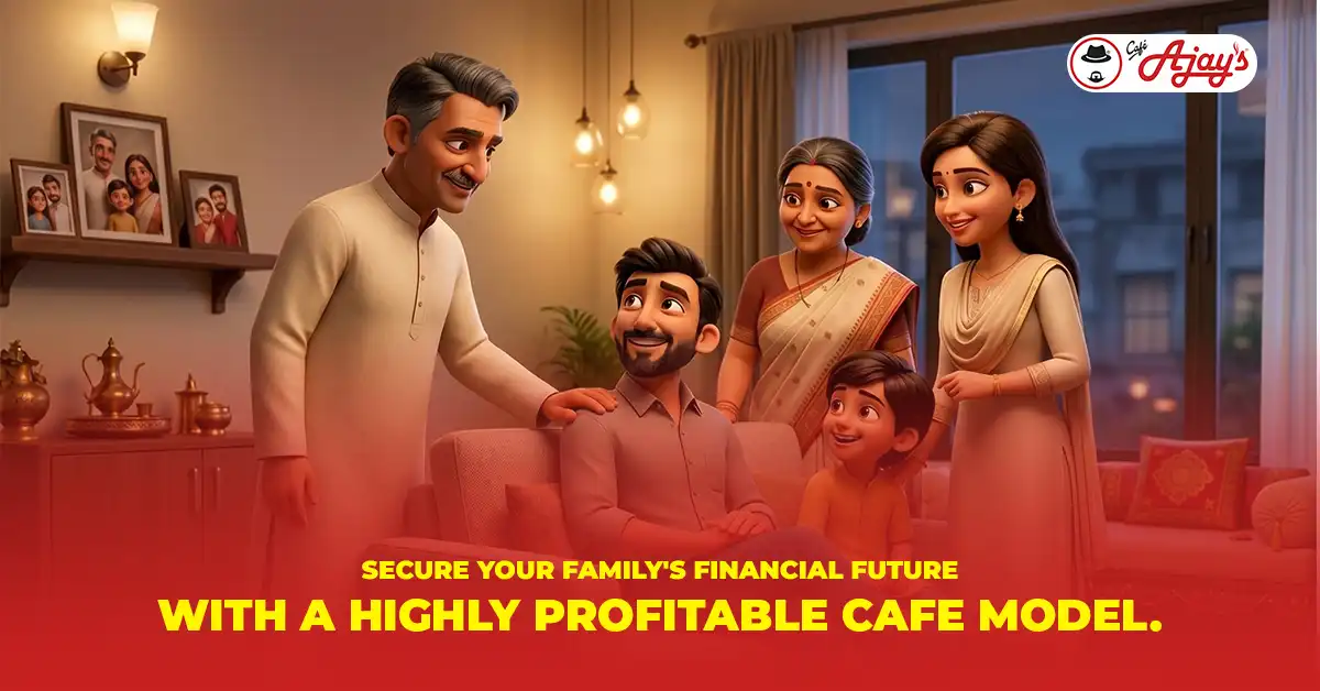 A multi-generational family celebrating a profitable cafe model business opportunity, featuring the Café Ajay’s brand icon on a warm home background.