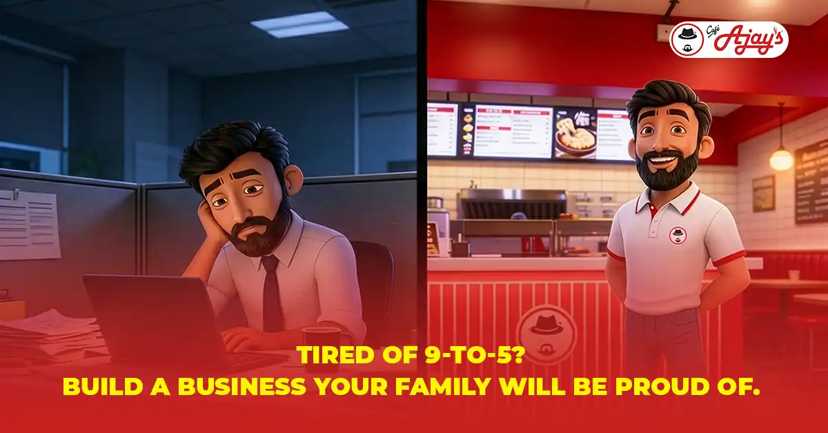 Side-by-side comparison of a corporate office worker and a smiling Ajay's restaurant owner, representing New Business Ideas.