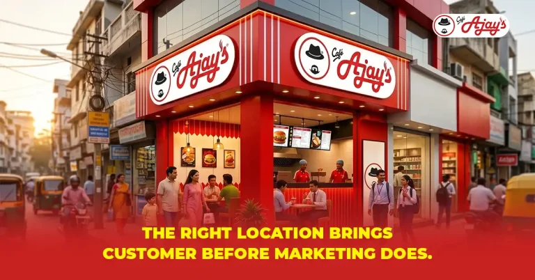 Ajay’s Café food franchise outlet is showcasing a prime location with high customer visibility and attractive storefront design.