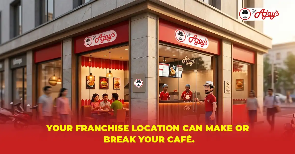 Ajay’s Cafe Food Franchise outlet is in a prime commercial location, showcasing a modern café setup designed to attract customers and drive business growth.